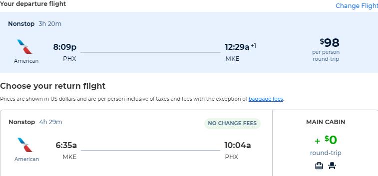 Non-stop flights from Phoenix, Arizona to Milwaukee for only $98 roundtrip with American Airlines. Also works in reverse. Flight deal ticket image.