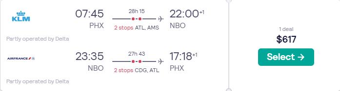 Cheap flights from Phoenix, Arizona to Nairobi, Kenya for only $617 roundtrip with Delta Air Lines, KLM and Air France. Flight deal ticket image.