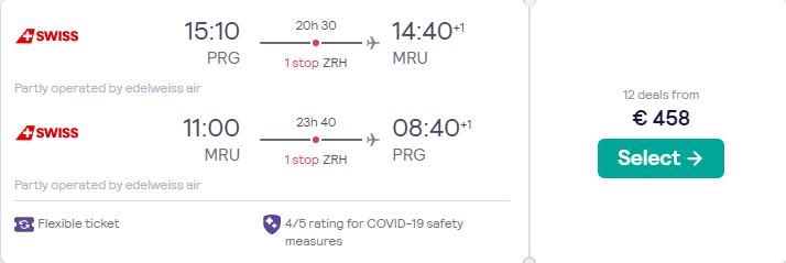 Cheap flights from Prague, Czech Republic to Mauritius for only €458 roundtrip with Swiss International Air Lines. Flight deal ticket image.