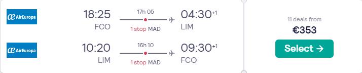 Cheap flights from Rome, Italy to South America from only €353 roundtrip with Air Europa. Flight deal ticket image.