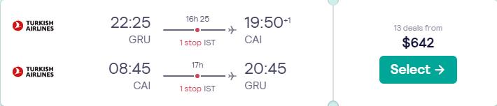 Cheap flights from Sao Paulo, Brazil to Cairo, Egypt for only $642 USD roundtrip with Turkish Airlines. Flight deal ticket image.