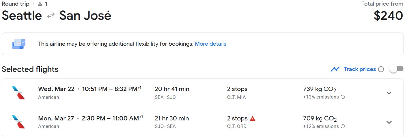 Non-stop flights from Seattle to San Jose, Costa Rica for only $240  roundtrip with American Airlines. Flight deal ticket image.