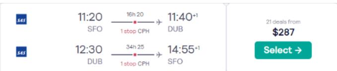 Cheap flights from San Francisco to Dublin, Ireland for only $287 roundtrip with SAS. Flight deal ticket image.