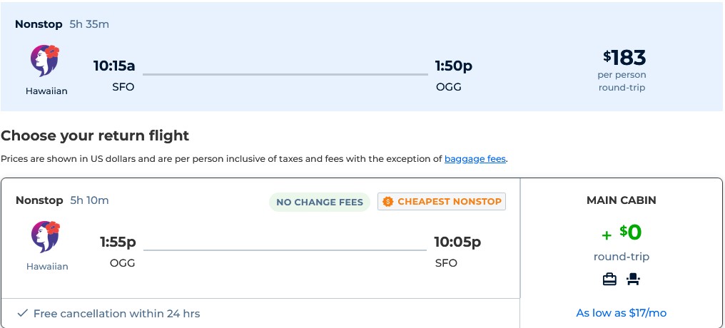 Non-stop flights from San Francisco to Kahului, Hawaii for only $183 roundtrip. Also works in reverse. Flight deal ticket image.