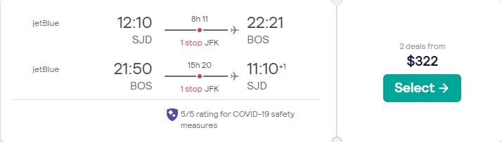 Cheap flights from San Jose del Cabo, Mexico to Boston, USA for only $322 USD roundtrip with JetBlue. Flight deal ticket image.