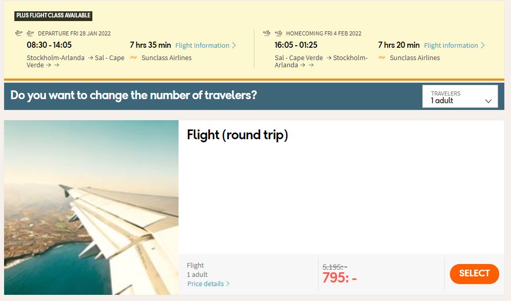 Click here to book this cheap flight deal. Non-stop flights from Stockholm, Sweden to Sal, Cape Verde for only €76 roundtrip. Flight deal ticket image.