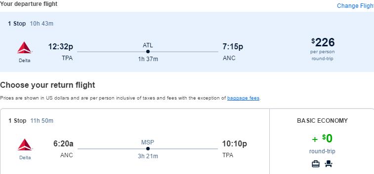 Cheap flights from Tampa, Florida to Anchorage, Alaska for only $226 roundtrip with Delta Air Lines. Also works in reverse. Flight deal ticket image.
