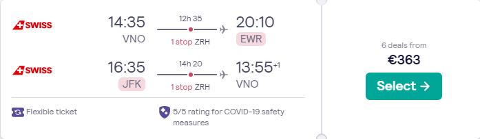 Cheap flights from Vilnius, Lithuania or Riga, Latvia to New York, USA from only €363 roundtrip with Swiss International Air Lines. Flight deal ticket image.