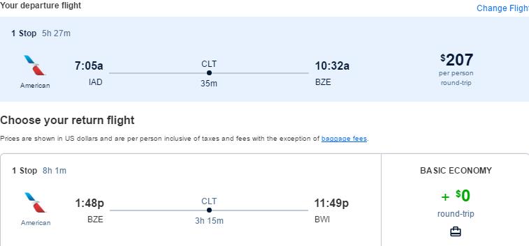 Cheap flights from Washington DC or Philadelphia to Belize City, Belize from only $207 roundtrip with American Airlines. Flight deal ticket image.