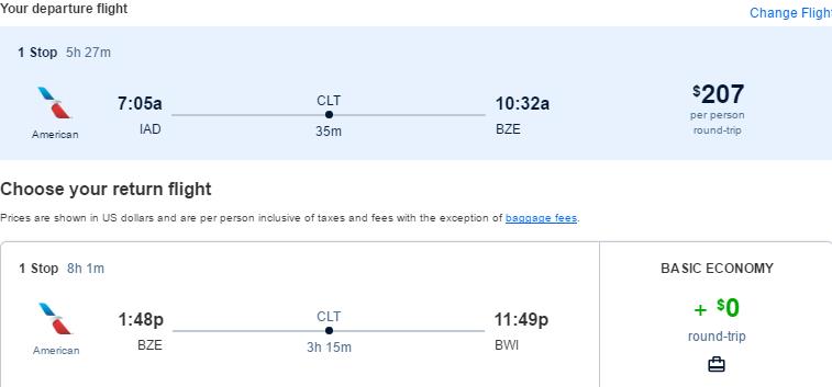 Click here to book this cheap flight deal. Cheap flights from Washington DC or Philadelphia to Belize City, Belize from only $207 roundtrip with American Airlines. Flight deal ticket image.