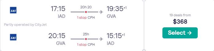 Cheap flights from Washington DC to Geneva, Switzerland for only $368 roundtrip with SAS. Flight deal ticket image.