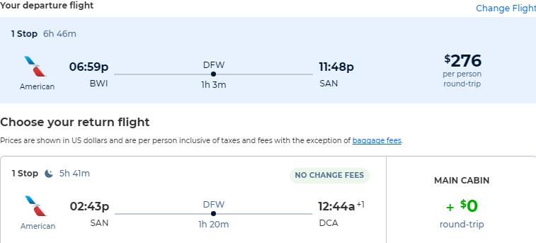Cheap flights from Washington DC to San Diego for only $163 roundtrip with American Airlines. Also works in reverse. Flight deal ticket image.