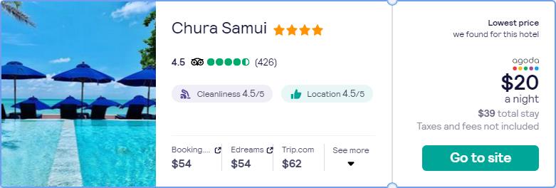 Stay at the 4* Chura Samui in Koh Samui, Thailand for only $20 USD per night. Flight deal ticket image.