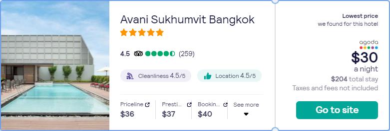 Stay at the 5* Avani Sukhumvit Bangkok in Bangkok, Thailand for only $30 USD per night. Flight deal ticket image.
