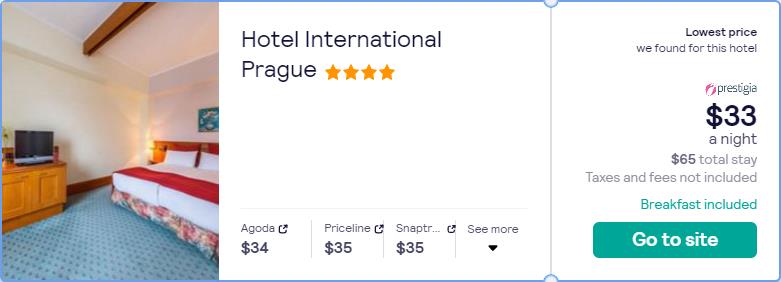Stay at the 4* Hotel International Prague in Prague, Czech Republic for only $33 USD per night. Flight deal ticket image.