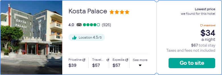 Stay at the 4* Kosta Palace in Kos, Greece for only $34 USD per night. Flight deal ticket image.