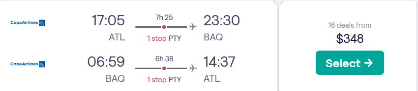 Cheap flights from Atlanta to Barranquilla, Colombia for only $348 roundtrip with Copa Airlines. Flight deal ticket image.