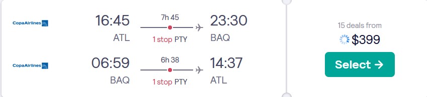 Click here to book this cheap flight deal. Summer flights from Atlanta to Barranquilla, Colombia for only $399 roundtrip with Copa Airlines. Flight deal ticket image.