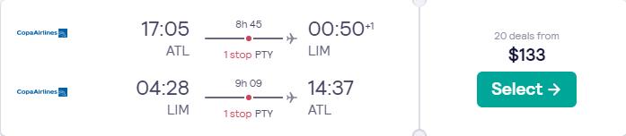 Cheap flights from Atlanta to Lima, Peru for only $133 roundtrip with Copa Airlines. Flight deal ticket image.
