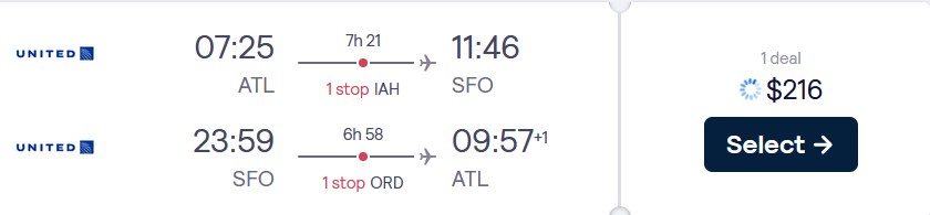 Cheap flights from Atlanta to San Francisco for just $216 round trip with United Airlines.  Also works in reverse.  Image of flight offer ticket.