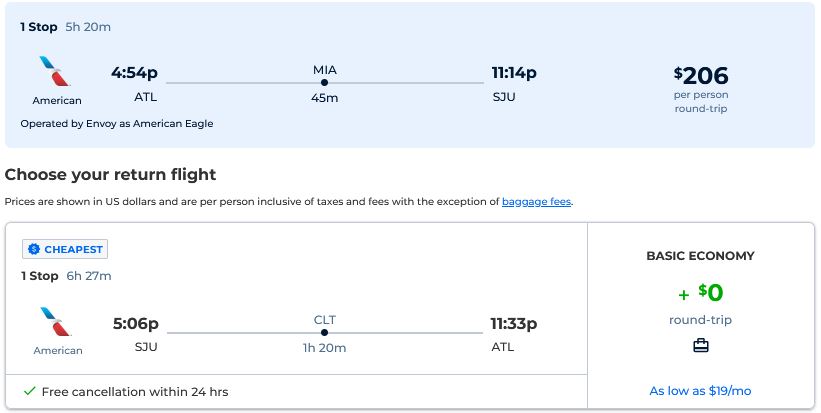 Cheap flights from Atlanta to San Juan, Puerto Rico for only $206 roundtrip with American Airlines. Flight deal ticket image.
