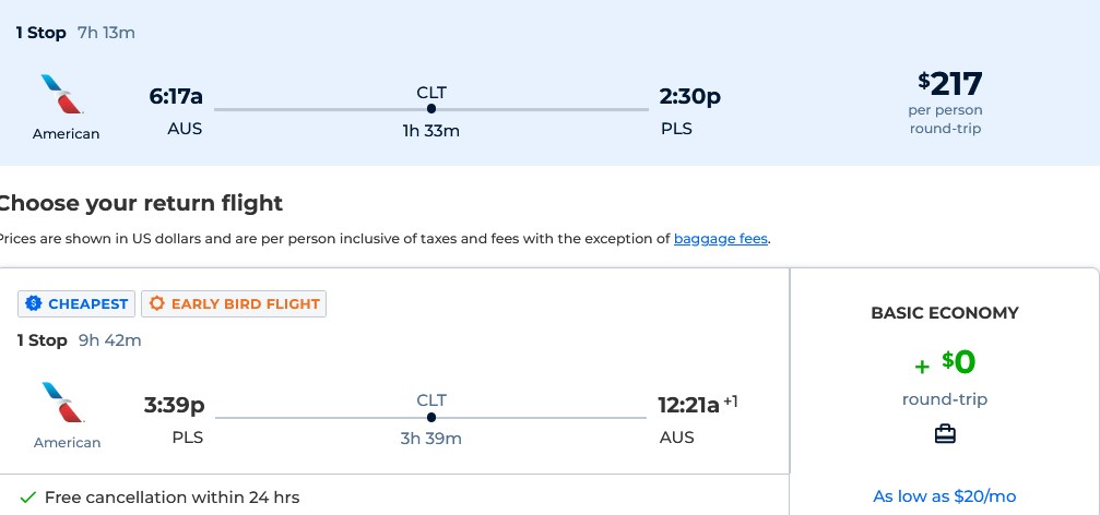 Cheap flights from US cities to Turks and Caicos from only $217 roundtrip with American Airlines. Flight deal ticket image.