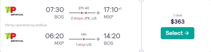 Click here to book this cheap flight deal. Cheap flights from US cities to Milan, Italy from only $363 roundtrip with TAP Air Portugal and JetBlue. Flight deal ticket image.