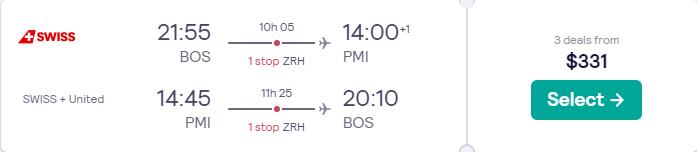 Cheap flights from Boston or Miami to Palma de Mallorca, Spain from only $331 roundtrip with Swiss International Air Lines. Flight deal ticket image.