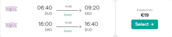 Non-stop flights from Budapest, Hungary to the Greek island of Thessaloniki for only €19 roundtrip. Flight deal ticket image.
