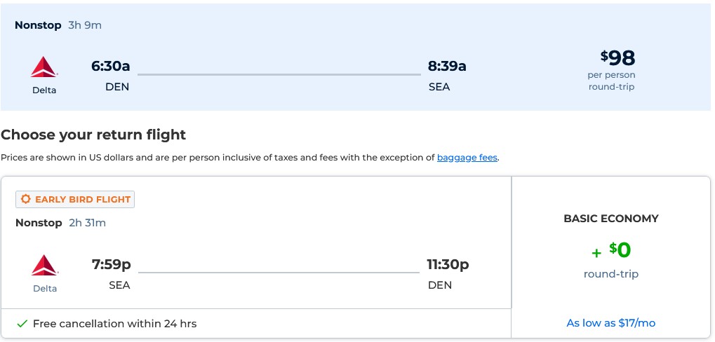 Non-stop flights from Denver, Colorado to Seattle for only $98 roundtrip with Delta Air Lines. Also works in reverse. Flight deal ticket image.