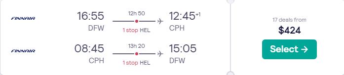Cheap flights from Dallas, Texas to Copenhagen, Denmark for only $424 roundtrip with Finnair. Flight deal ticket image.