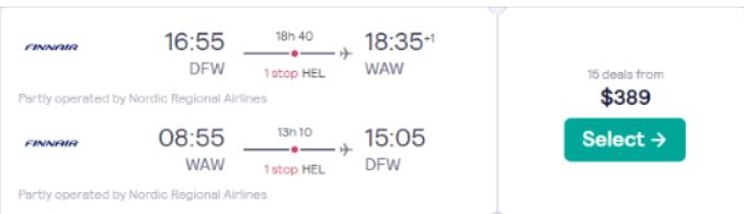Cheap flights from Dallas, Texas to Warsaw, Poland for only $389 roundtrip with Finnair. Flight deal ticket image.