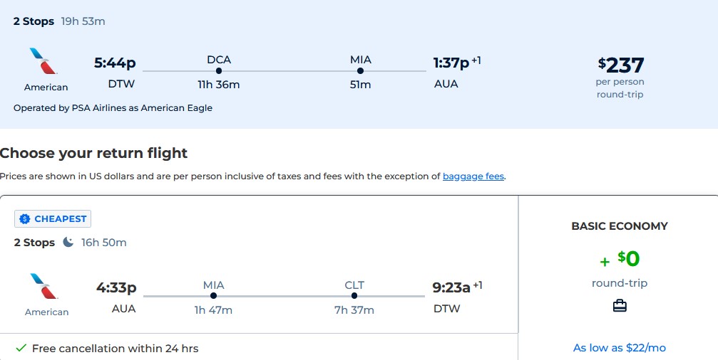 Cheap flights from Atlanta or Detroit to Aruba from only $231 roundtrip with American Airlines. Flight deal ticket image.