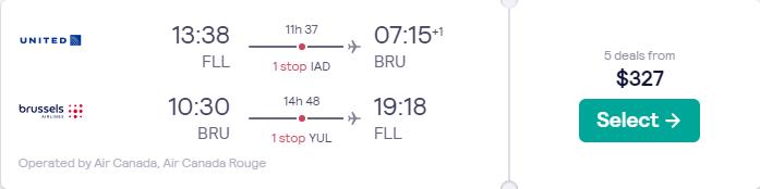 Cheap flights from Fort Lauderdale to Brussels, Belgium for only $327 roundtrip with United Airlines and Air Canada. Flight deal ticket image.