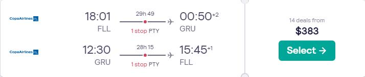 Cheap flights from Fort Lauderdale to Sao Paulo, Brazil for only $384 roundtrip with Copa Airlines. Flight deal ticket image.