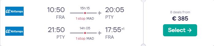 Cheap flights from Frankfurt, Germany to Panama City, Panama for only €385 roundtrip with Air Europa. Flight deal ticket image.
