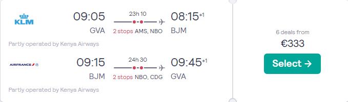 Cheap flights from Geneva, Switzerland to Bujumbura, Burundi for only €333 roundtrip with KLM and Air France. Flight deal ticket image.