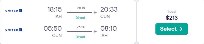 Non-stop, summer flights from Houston or Denver to Cancun, Mexico from only $213 roundtrip with United Airlines. Flight deal ticket image.