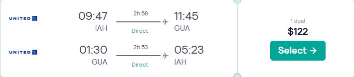 Cheap flights from US cities to Guatemala City, Guatemala from only $122 roundtrip with United Airlines. Flight deal ticket image.