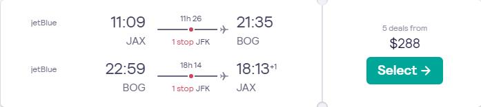 Cheap flights from Jacksonville, Florida to Bogota, Colombia for only $288 roundtrip with JetBlue. Flight deal ticket image.