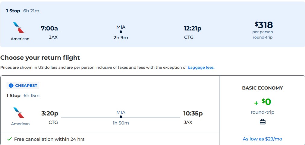 Cheap flights from Jacksonville, Florida to Cartagena, Colombia for only $318 roundtrip with American Airlines. Flight deal ticket image.