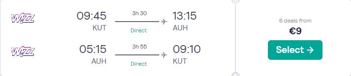 Non-stop flights from Kutaisi, Georgia to Abu Dhabi, UAE for only €9 roundtrip. Flight deal ticket image.