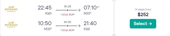 Cheap flights from Kuwait City, Kuwait to Milan, Italy for only $252 USD roundtrip with Etihad Airways. Flight deal ticket image.