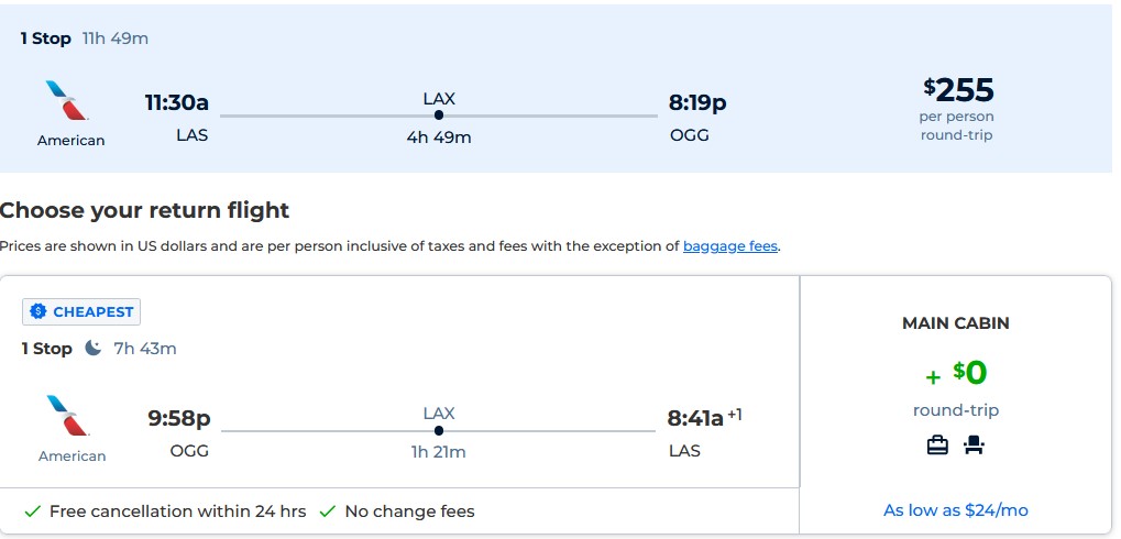 Cheap flights from Las Vegas to Kahului, Hawaii for only $255 roundtrip with American Airlines. Also works in reverse. Flight deal ticket image.