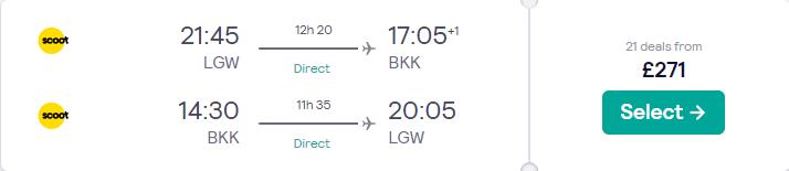 Non-stop flights from London, UK to Bangkok, Thailand for only £271 roundtrip. Flight deal ticket image.