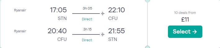 Non-stop flights from London, UK to the Greek island of Corfu for only £11 roundtrip. Flight deal ticket image.