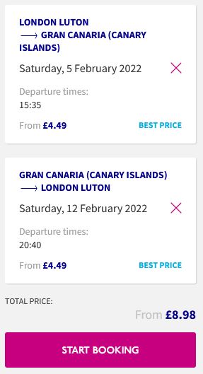 Non-stop flights from London, UK to Gran Canaria, Spain for only £8 roundtrip. Flight deal ticket image.