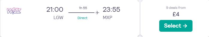Non-stop flights from London, UK to Milan or Venice, Italy for only £4 one-way. Flight deal ticket image.