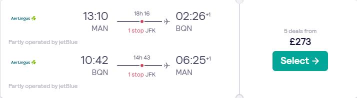 Cheap flights from Manchester, UK to Aguadilla or San Juan, Puerto Rico from only £273 roundtrip with Aer Lingus and JetBlue. Flight deal ticket image.