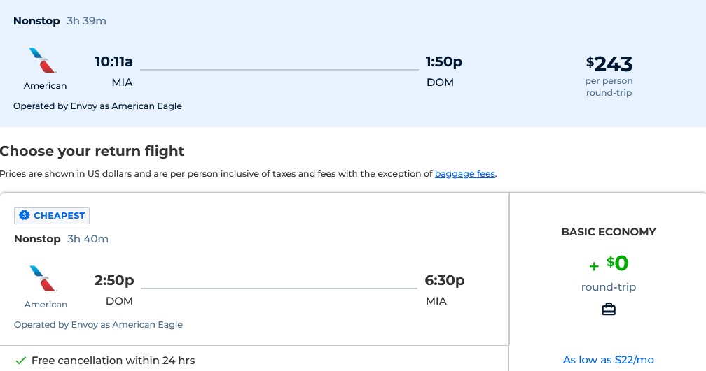 Non-stop flights from Miami to Dominica for only $243 roundtrip with American Airlines. Flight deal ticket image.